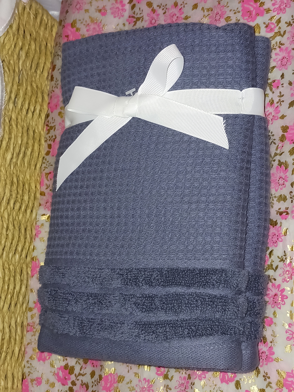 100% Cotton Classic Waffle Weave Dark Grayish Blue Hand Towel Duo Set NWOT